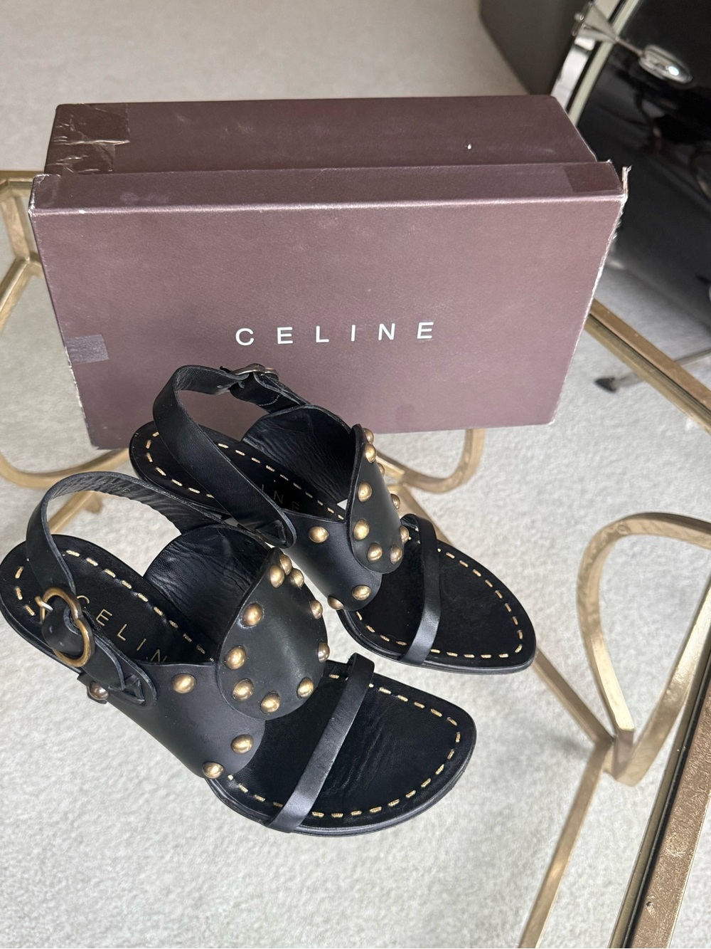 Celine Black Leather Gold Studded Punjab Sandals Msrp Approx $1200 View 2